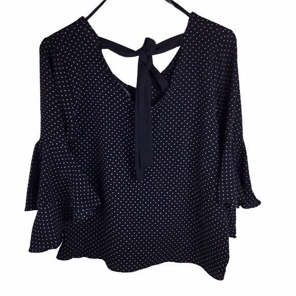 Anthropologie Green Envelope Blouse women Sz L White Black Dots Tie Back Flared - Picture 9 of 9